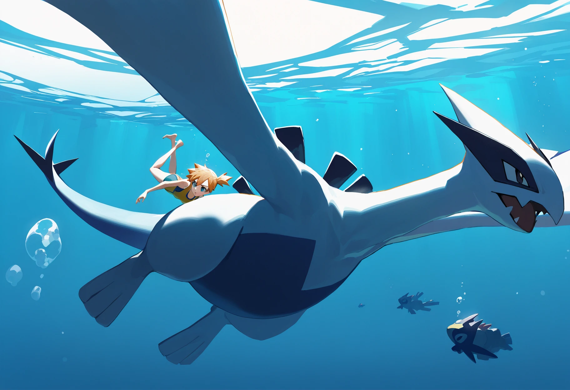 artist:ciloranko,artist:modare,artist:diyokama, astero, scenery, pokemon \(creature\),
best quality, amazing quality, very aesthetic, absurdres, best quality, masterpiece, newest,
underwater,
1girl, misty \(pokemon\), swimming, one-piece swimsuit, full body, barefoot, solo, luigia,
underwater ruines, blue theme,Cinematic Lighting, light particles, bubbles  <lora:AsteroIllustriousXL_byKonan:1>