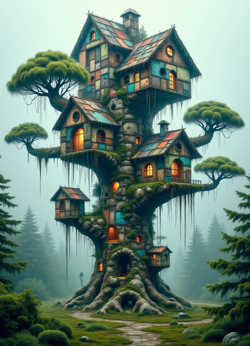 A surreal landscape of interconnected, ancient treehouses with intricate patchwork and seams, blending seamlessly into the surrounding misty forest of a taiga biome.