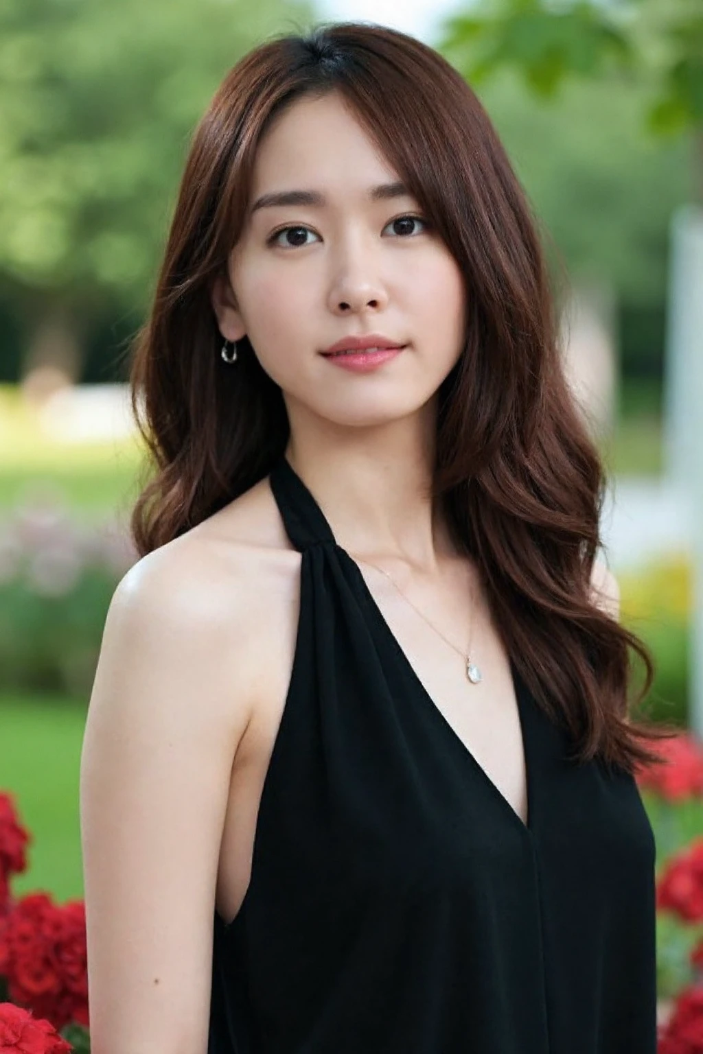 (medium full shot), beautiful asian girl  wearing black halter dress, flower garden in the background, blurry bokeh background, necklace, dslr, soft lighting, high quality, light reflections, blood vessels, pale skin, skin pores,blood vessels in sclera, detailed skin, beauty spots, skin fuzz, <lora:flux_realism_lora:1>,   <lora:makinaflux_aragakiyui_v1.0:1>