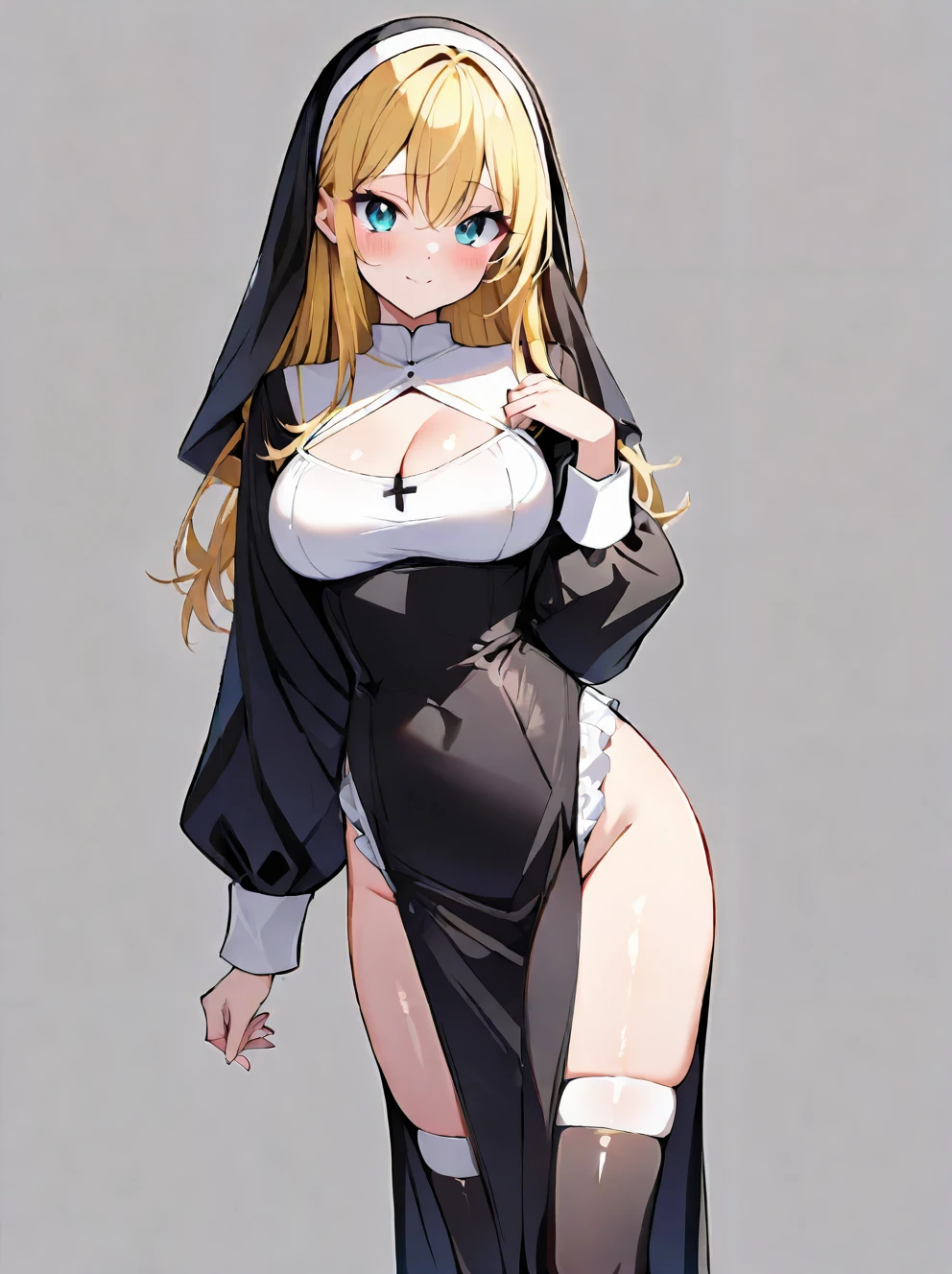 masterpiece,ultra-detailed,best quality,8K,illustration,cute face,clean skin ,shiny hair,girl,ultra-detailed-eyes,simple background  <lora:nun_illustrious_V1.0:0.7> nun,black dress, thighhighs, long sleeves,cleavage