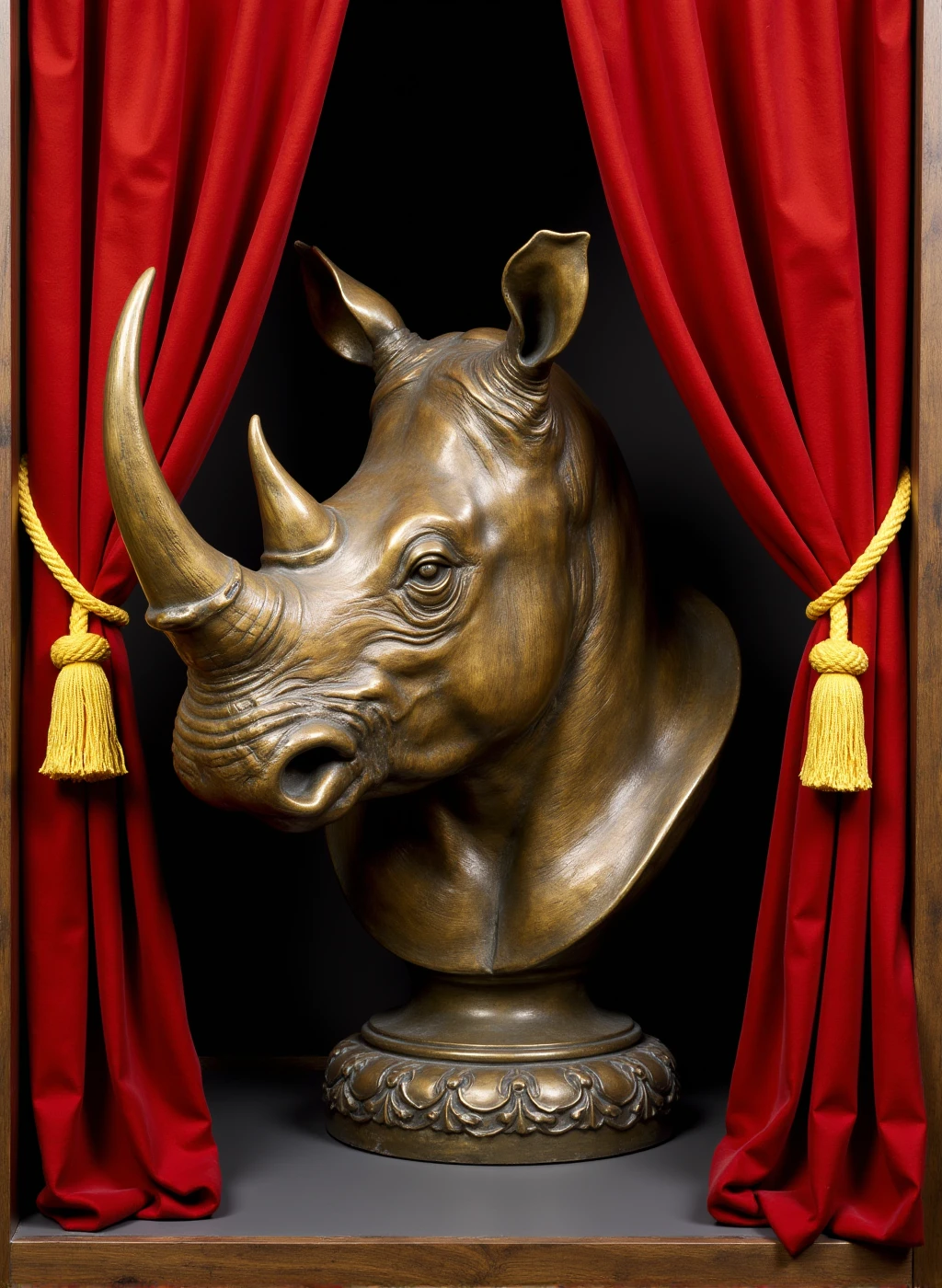 sculptur3 sculpture of a bronze head bust, the subject is a large rhino, the scene is an intimate museum showcase with velvet red curtains and yellow cords