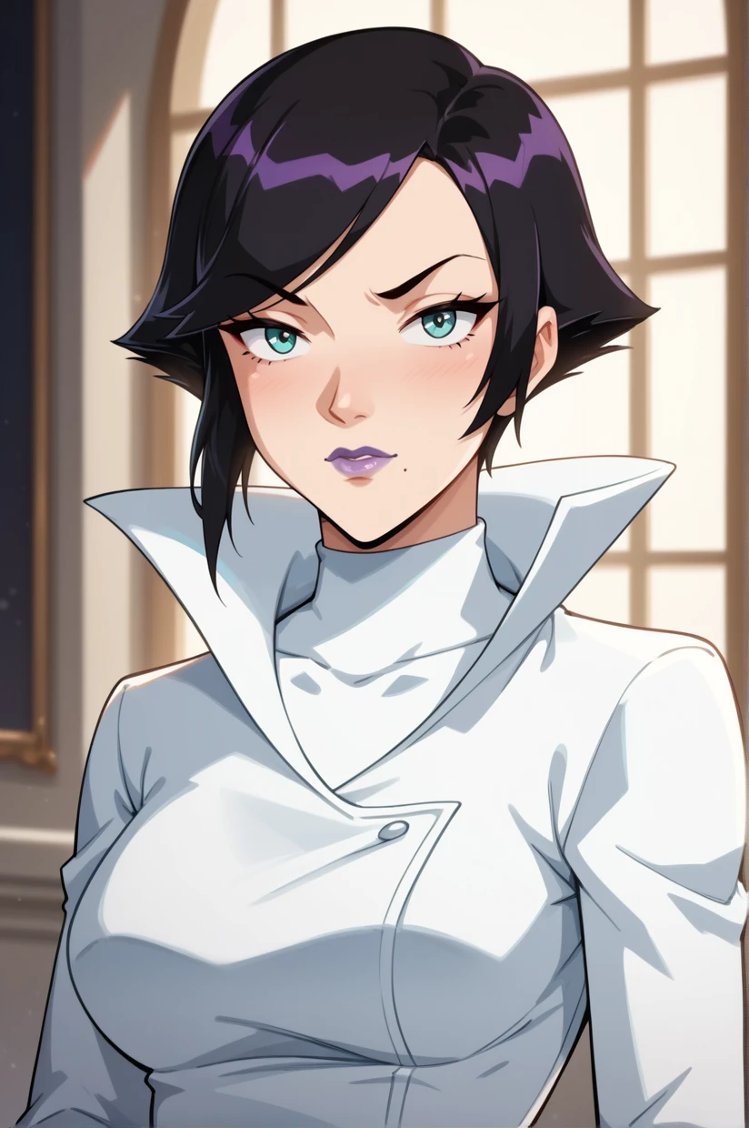 <lora:OliviaMendell-09:1> OliviaMendell, MOMSuit, black hair, short hair, aqua eyes, large breasts, mole over mouth, purple lipstick, makeup, nail polish, looking at viewer, popped collar, long sleeves, high collar, white turtleneck, white coat, white pantyhose, 16k, masterpiece, absurdes, highly detailed, highres, high quality, best quality, score_9, score_8_up, score_7_up, score_6_up