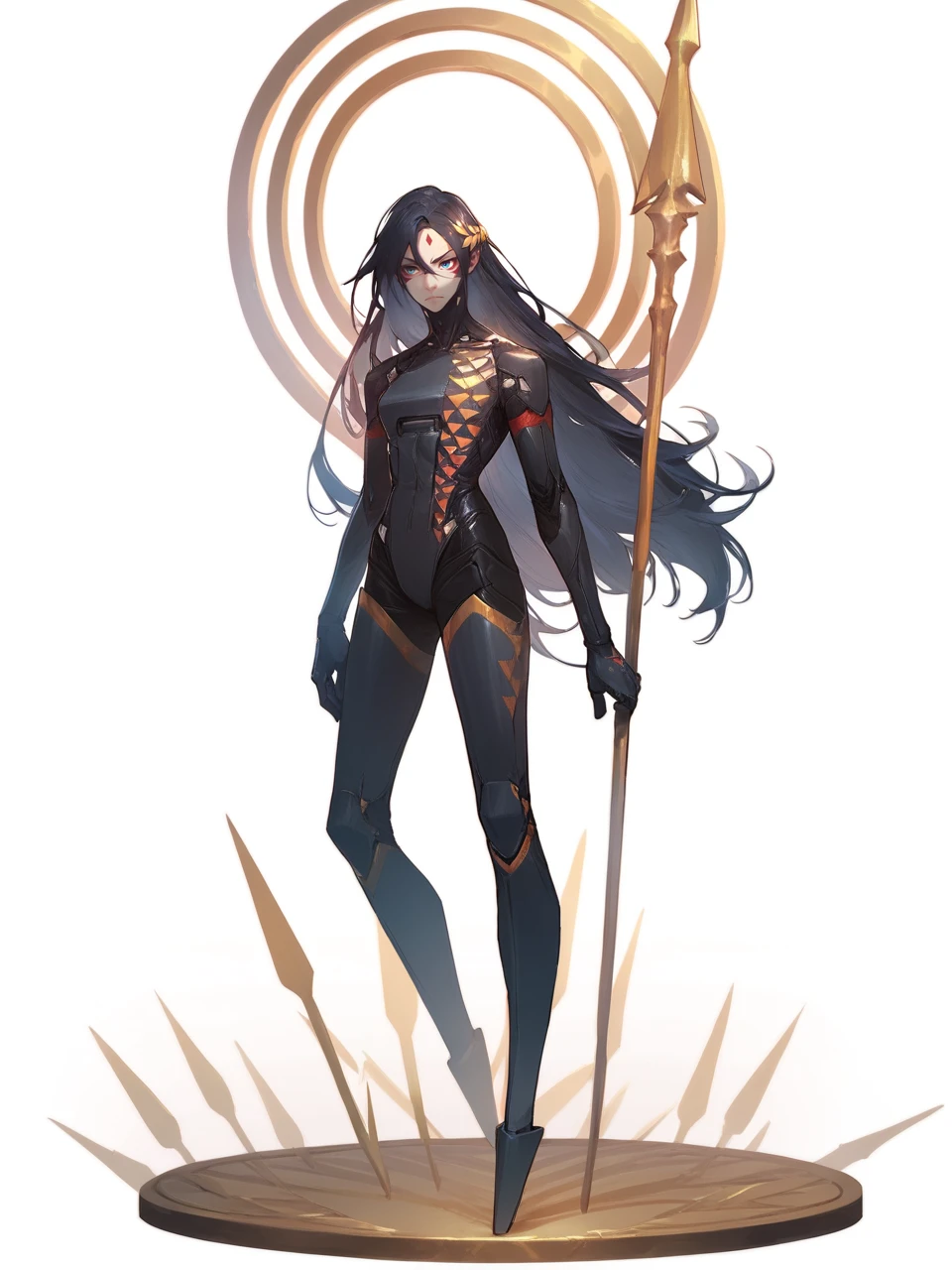 signalisfalke, long hair, black hair, solo, crown laurel, blue eyes, bodysuit, facial mark, holding polearm, golden spears, android, full body, white background  <lora:Signalis_Falke-PONY:0.8>, score_9, score_8_up, score_7_up, score_6_up,