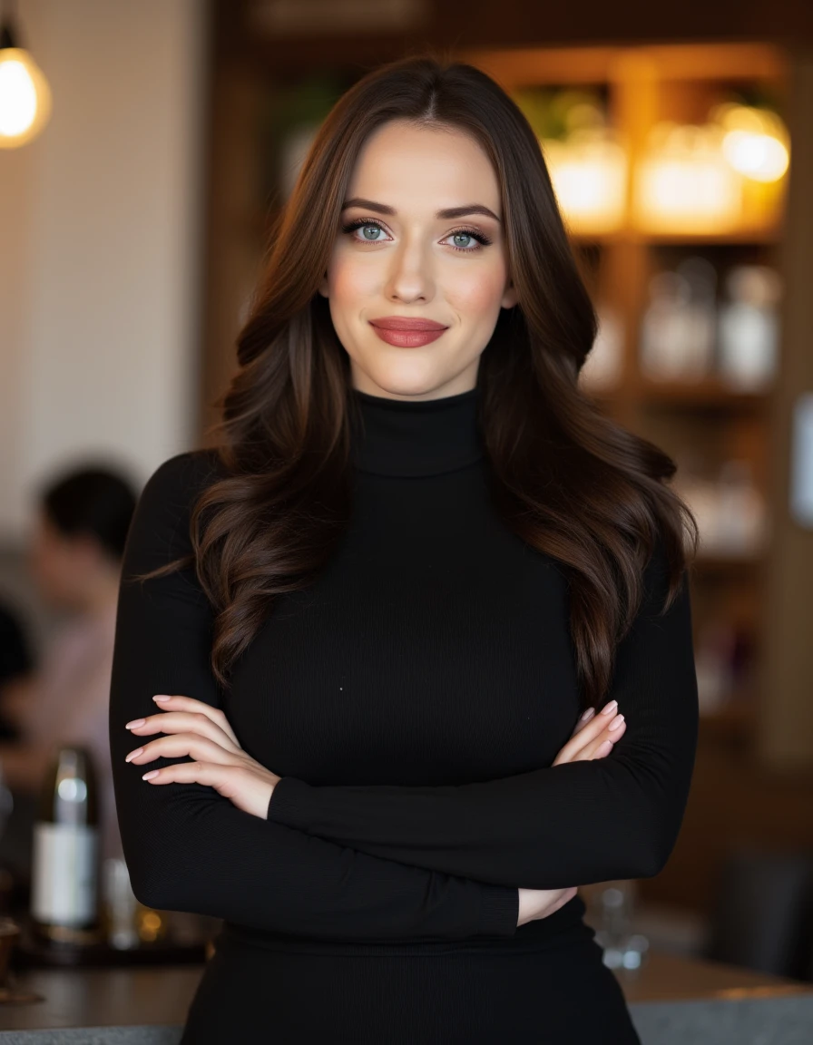 <lora:Kat_Dennings_Flux:1> This is an image of a women, beautiful detailed photograph,  brown hair cascading , makeup  wearing a formfitting turtleneck dress, standing in cafe looking at the viewer, smile