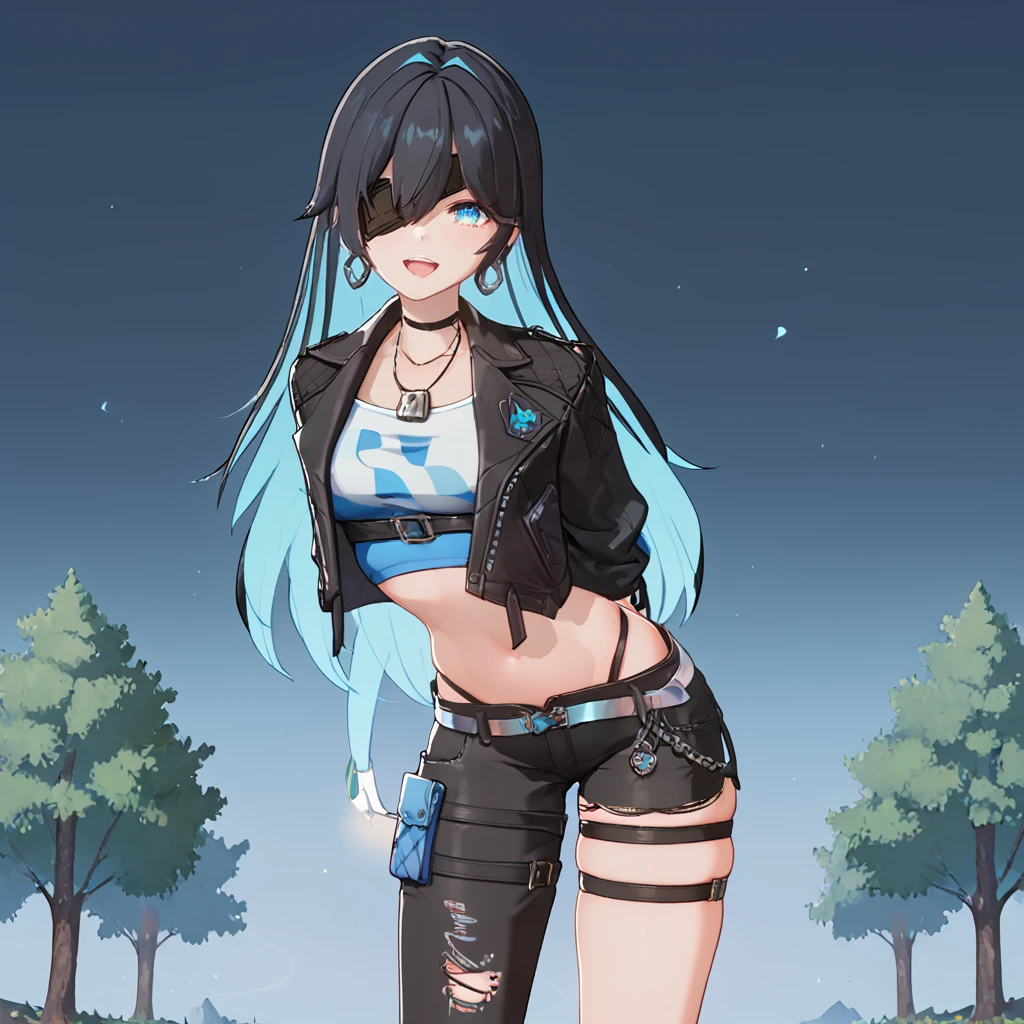 zPDXL3, 1girl,solo, xiva, black hair, blue eyes, eyepatch, long hair, blue hair, multicolored eyes, multicolored hair, breasts, two-tone hair, jewelry, fingerless gloves, earrings, midriff, cropped jacket, open jacket, pants, black jacket, crop top, white gloves, black belt, thigh strap, black pants, asymmetrical legwear, torn pants, blue and white shirt,
standing, cowboy shot, smile, looking at viewer, open mouth, (leaning forward:1.2), (arms behind back:1.2), 
outdoors, forest,
score_9, score_8_up, score_7_up, masterpiece,
<lora:xiva:0.85>