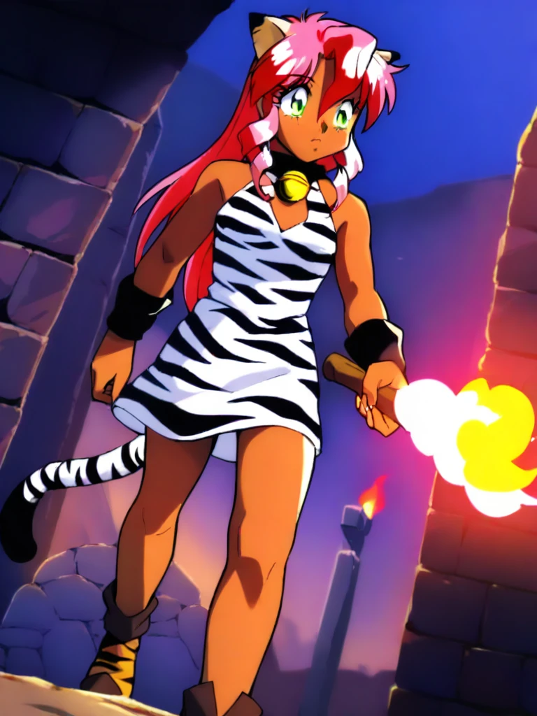 Pink_DragonPink, sleeveless dress, white tiger print, neck_bell, dungeon, torch, walking, masterpiece, very aesthetic, <lora:pink-illustrious-v2:1>