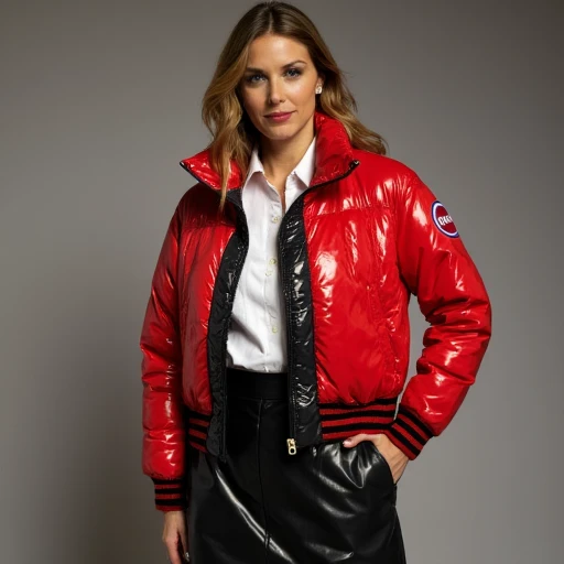 a 50 year old woman wearing a black leather skirt, a white shirt and a Colmar Red and Black puffy jacket