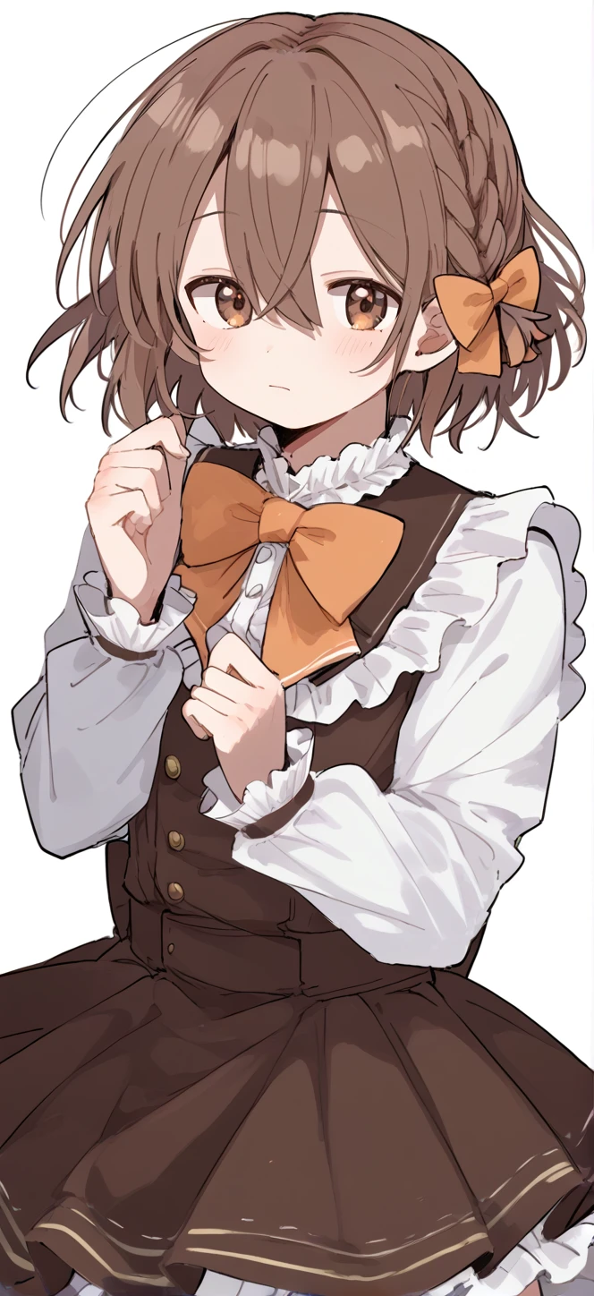 1boy,solo,male focus,asuka,brown hair,short hair,hair between eyes,brown eyes,braid,frills,bow,hair bow