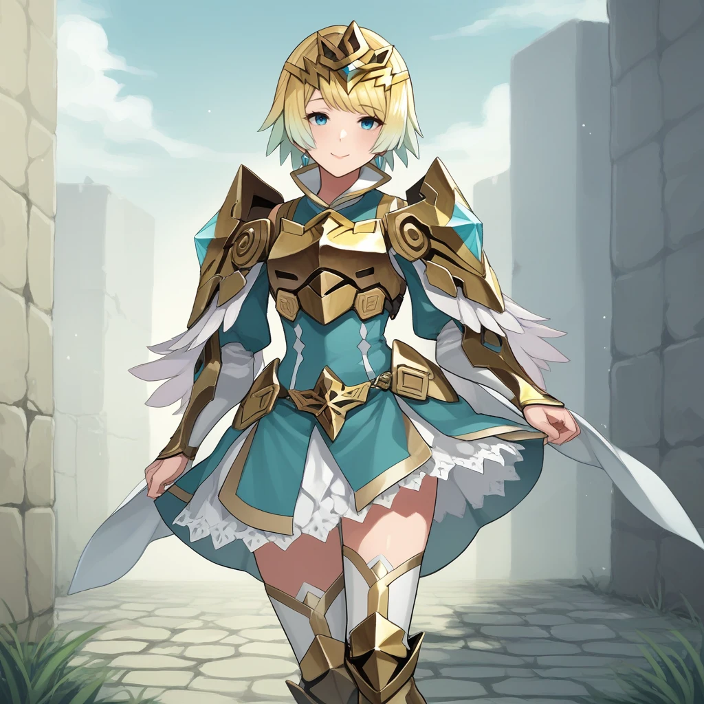 score_9, score_8_up, score_7_up, score_6_up, score_5_up, score_4_up, zPDXL2,source_anime,rating_questionable, 1girl, solo, smile, looking at viewer, outdoors, <lora:Fjorm_-_Fire_Emblem_Heroes:0.8>fjorm_FEH,gradient hair, multicolored hair, short hair, blonde hair, bangs, blue eyes, breastplate, thighhighs, armored dress, crown, boots, shoulder armor, armored