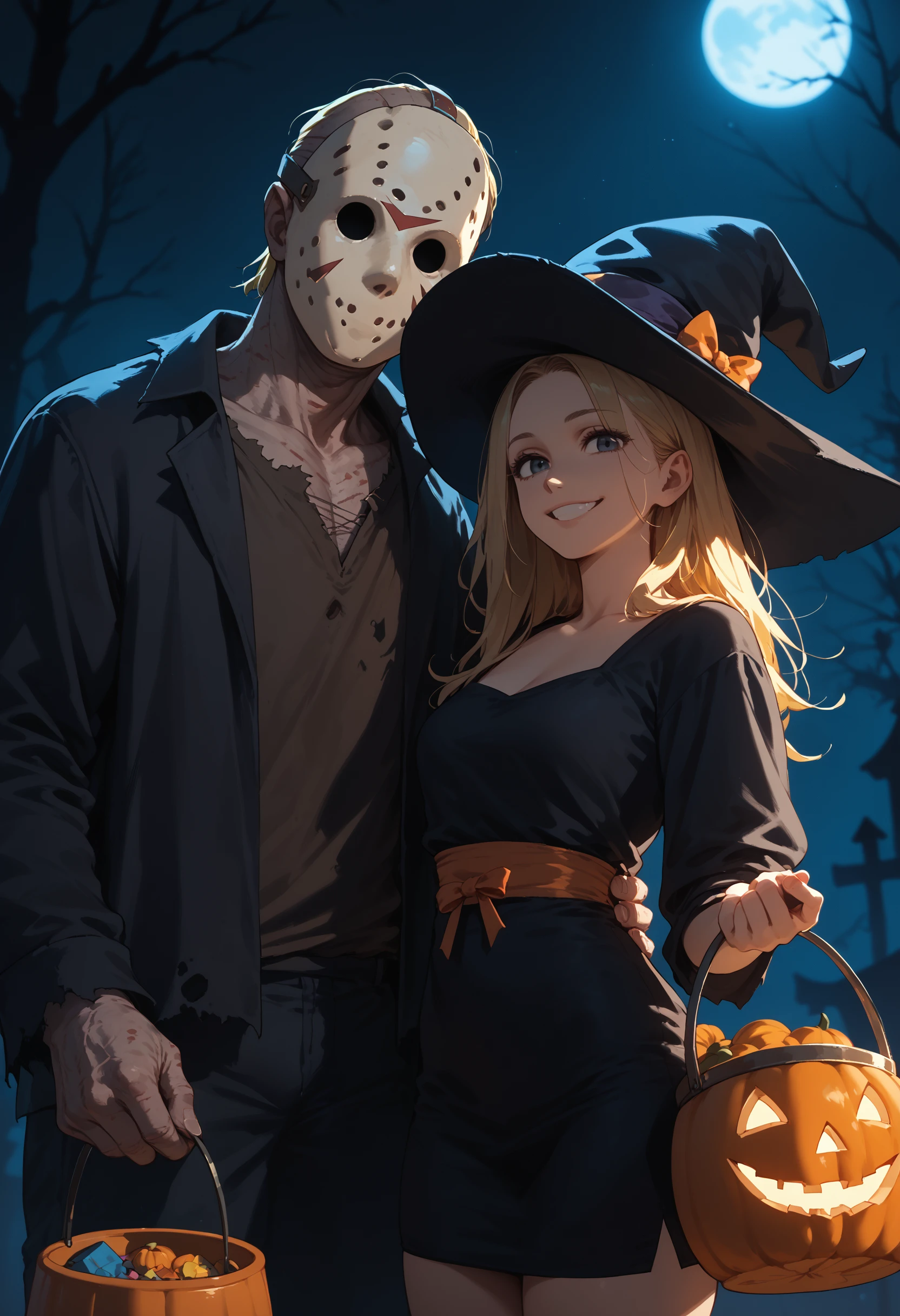 score_9, score_8_up, score_7_up, score_6_up, 1girl, blonde hair, short dress, witch, 
monster, 1boy, dark background, dark theme, backlighting, 
night, halloween bucket, holding, looking at viewer, jack-o'-lantern, smile, couple, no eyes,
<lora:jason_voorhees_v0.5-pony:1>