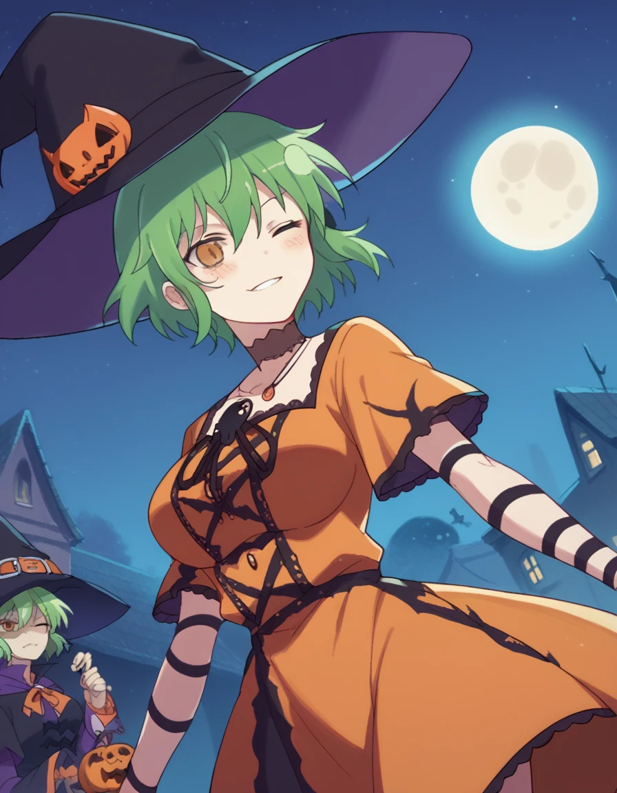 score_9, score_8_up, score_7_up, source_anime, <lora:sk-hikage-s1-ponyxl-lora-nochekaiser:1>, hikage, short hair, yellow eyes, slit pupils, green hair, large breasts,, <lora:witch-ponyxl-lora-nochekaiser:1>, witch, hat, witch hat, dress, halloween, halloween costume, jewelry,, night, moon, blush, smile, one eye closed,, , dutch angle, cowboy shot