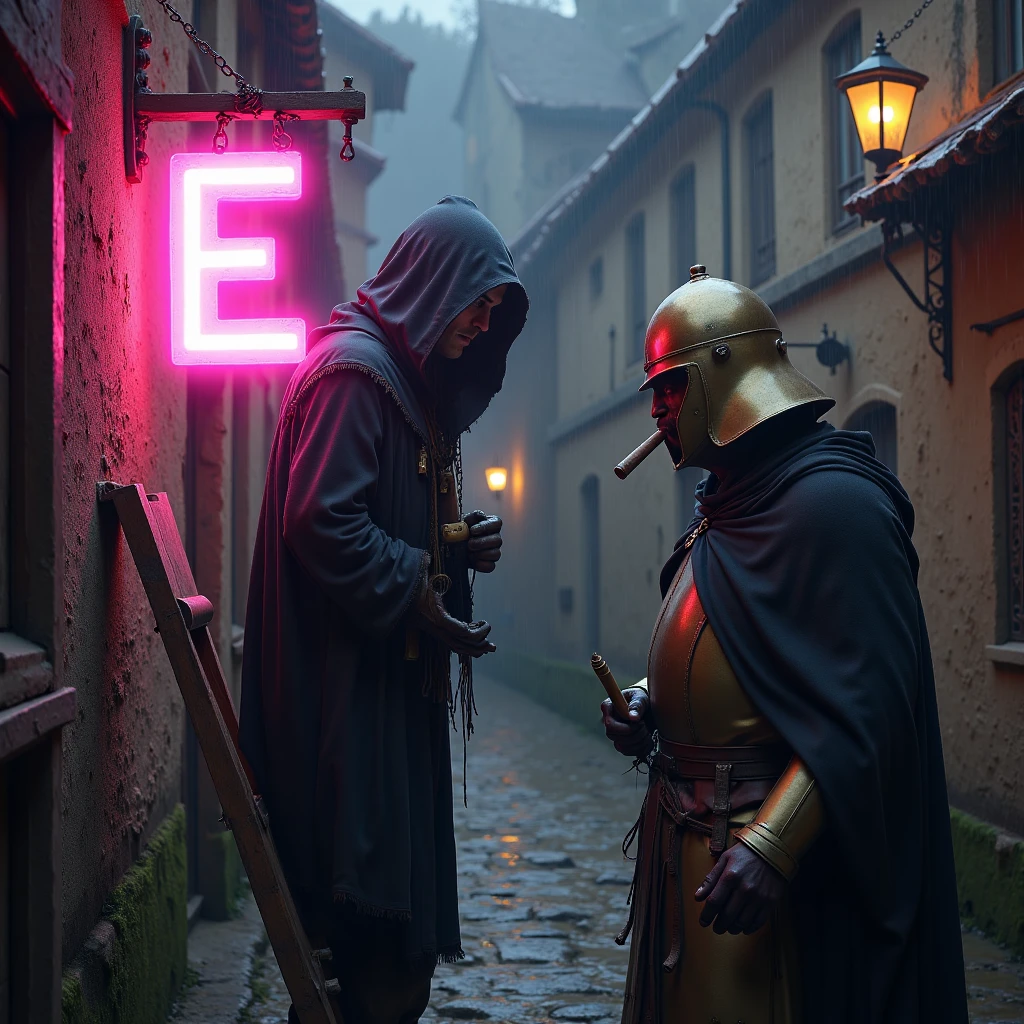 Imagine a photorealistic image of a lone member of the Elucidated Brethren, dressed in a ragged black robe, standing atop a wooden ladder in a cobbled street, holding a steel screwdriver as they remove the screws holding a garish neon pink letter E from its wall bracket, during a rainy night. Below, a man in bronze armor looks up from under his helmet while smoking a cigar.