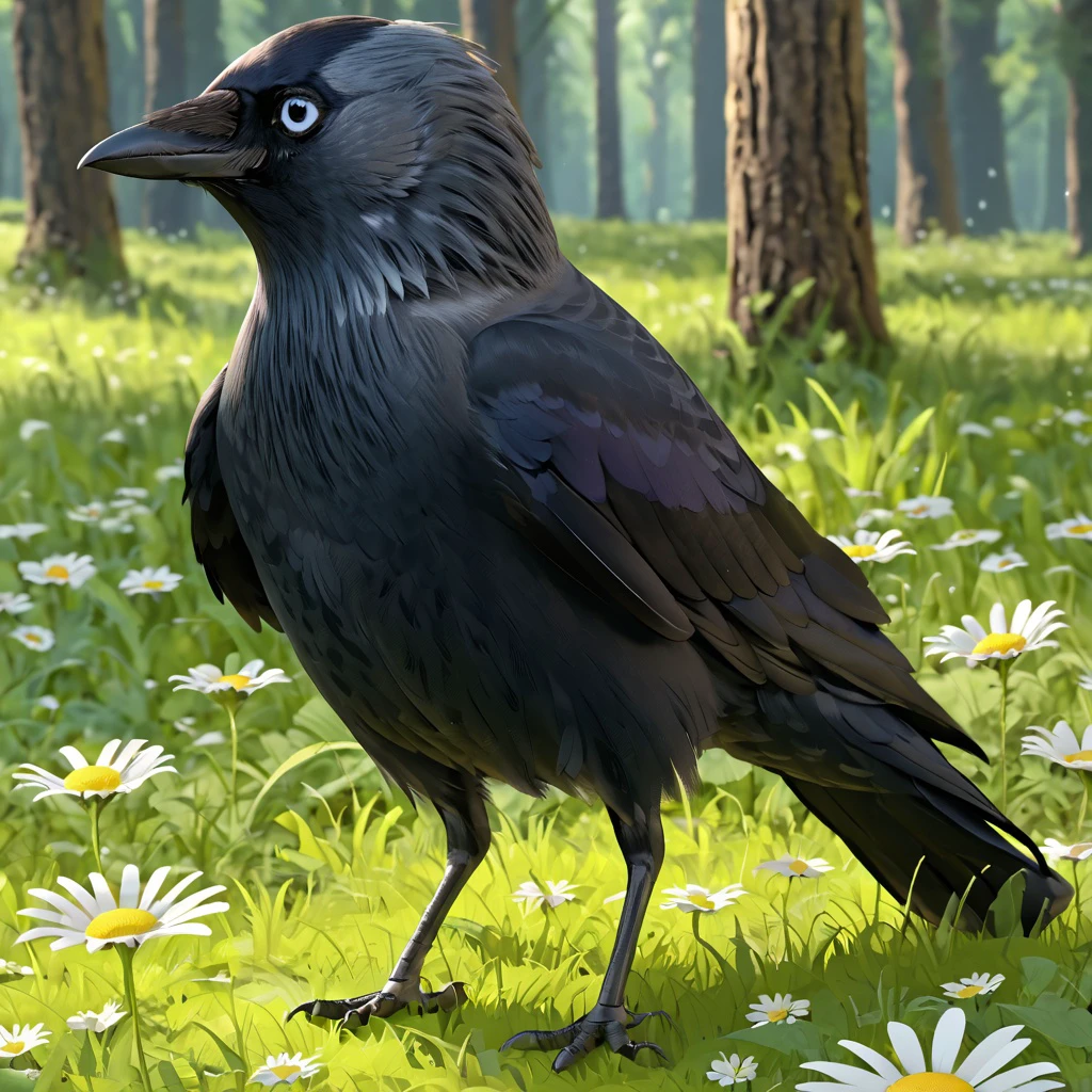 *BASE MODEL: realcartoonXL_v7.safetensors* jackdaw, corvid, bird, fullbody, solo, no humans, walking, grass, daisies, [forest], day, 3d cartoon