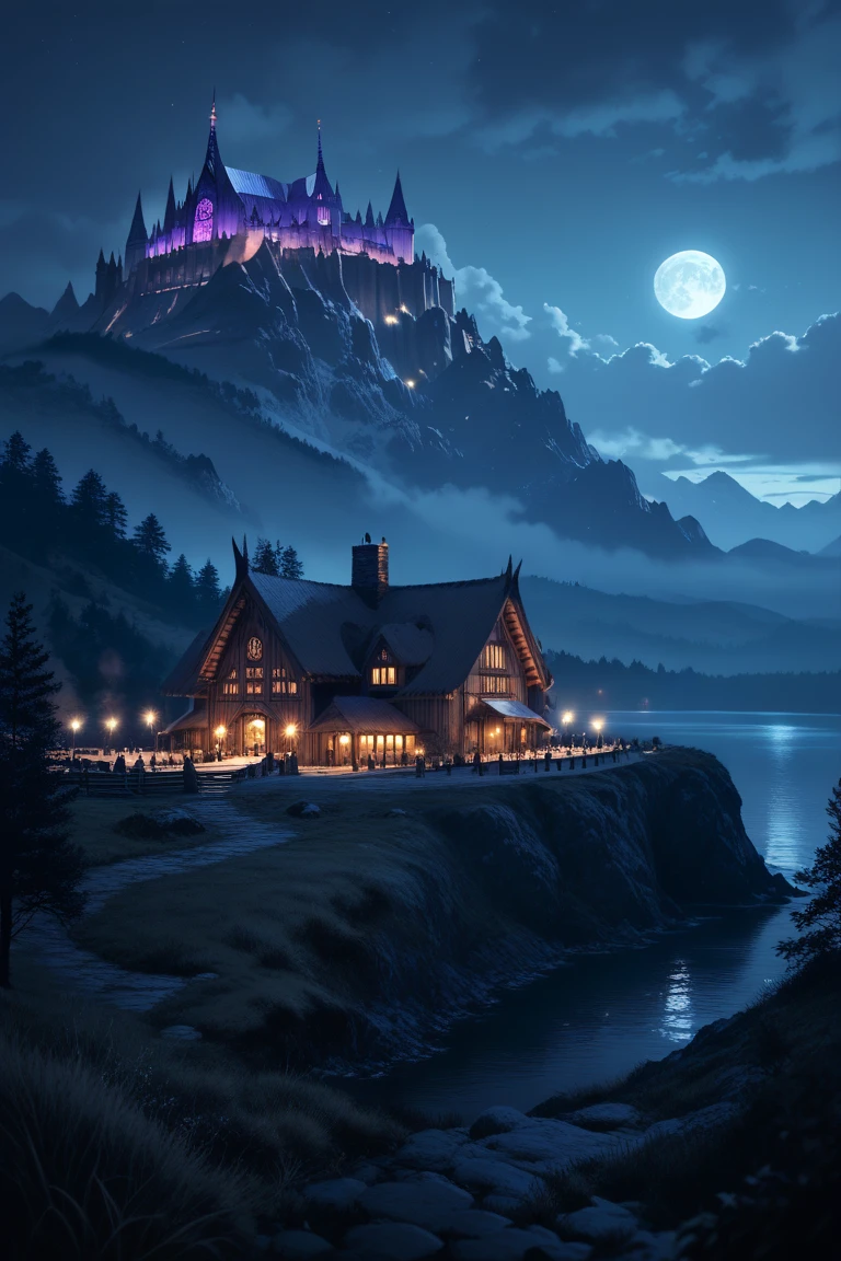 score_9, score_8_up, score_7_up, source_anime, rating_safe, night, midnight, purple theme, natural lighting, castle, fantasy-viking structure focus, DaVIKING, DaVIKING_architecture, mountain, scenery, intricately detailed illustration, atmospheric perspective, depth of field, realistic shading