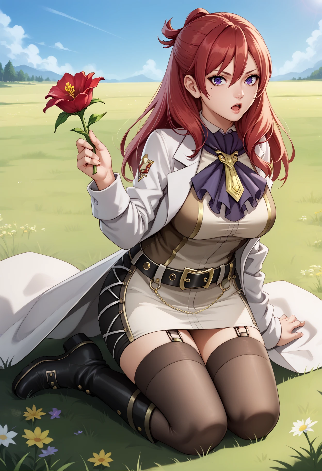 score_9, score_8_up, score_7_up, source_anime, 1girl, kneeling, looking at viewer, surprised, holding flower, <lora:LeahGE-pdxl:1> l3ahGE, red hair, long hair, purple eyes, mole under eye, blue ascot, uniform, large breasts, badge, lab coat, black belt, pencil skirt, black thighhighs, garter straps, knee boots, black footwear, field, grass, sky