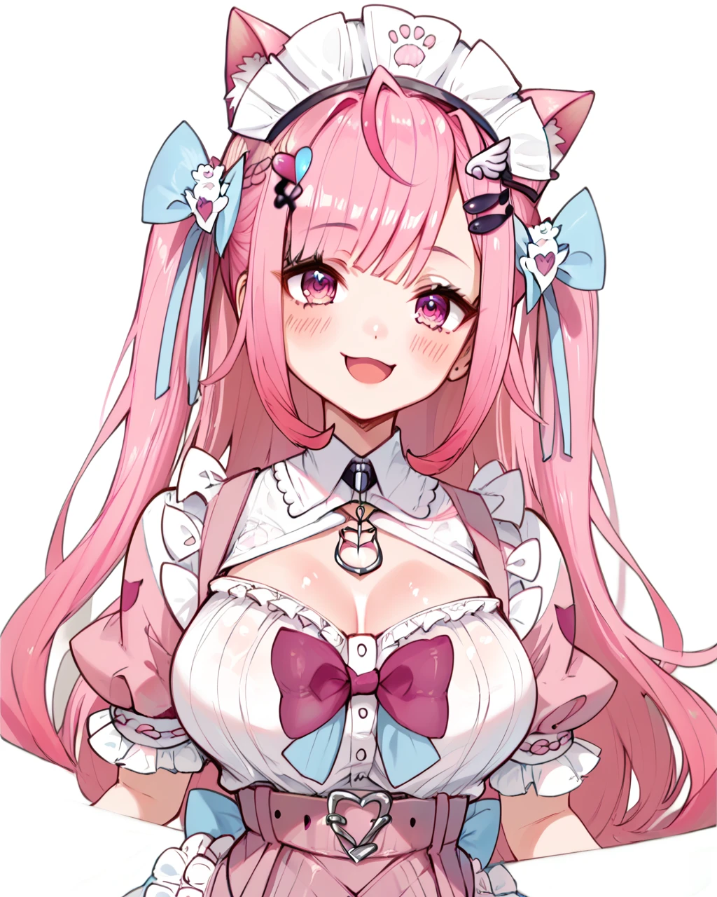 <lora:Sakuna YukiPDXL_v1:1>Sakuna YukiPDXL, 1girl, solo, pink hair, breasts, virtual youtuber, smile, looking at viewer, blush, heart, puffy sleeves, open mouth, frills, upper body, short sleeves, :d, belt,, <lora:Expressive_H:1> ExpressiveH<lora:incase-ilff-v3-4:0.2> <lora:RampageLycoXL:0.2> <lora:reiq_style:0.2> <lora:fellatrix_style:0.25> <lora:officialpit_style_v11:0.25> score_9, score_8_up, score_7_up,