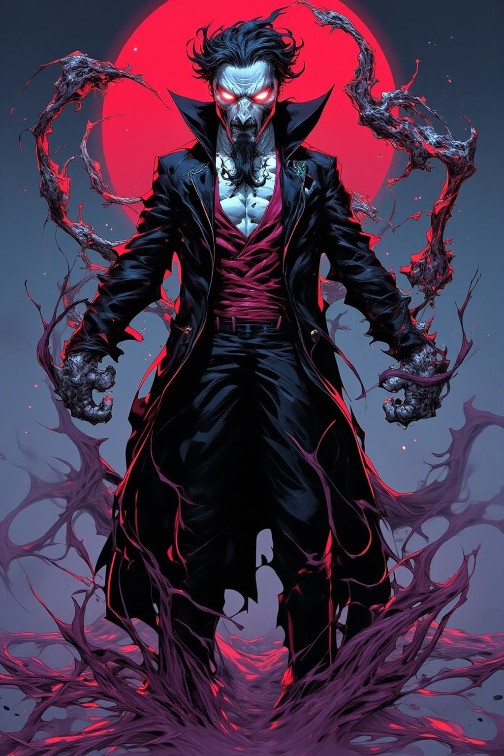 evil-uni, 1boy,Zombie,doctor strange, facial hair, glowing, solo, red eyes, looking at viewer, glowing eyes, black hair, short hair, beard, high collar, mustache, black sclera, glowing eye,Rotten faces, rotten arms, tattered cloaks, tattered shoes, a bone in half of his chin,fullbody,