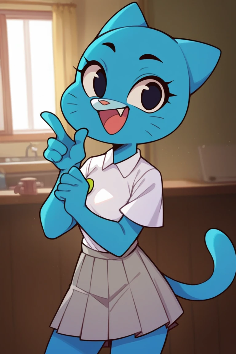 score_9_up, cartoon, 1girl, solo, n1c0le, furry female, blue fur, cat ears, cat tail, white shirt, grey skirt, pleated skirt, looking at viewer, smile, open mouth, fang, cowboy shot, indoors