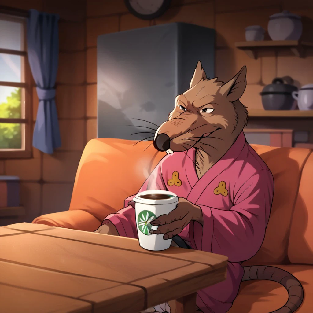 score_9, score_8_up, score_7_up, score_6_up, score_5_up, score_4_up, source_furry, Splinter87, anthro, male, rat,  brown fur, rat tail,  living room, pink kimono, foot wraps, sitting on couch, feet up on coffee table, <lora:f98219d2-3ae7-41dc-bcf2-7be4f2ca31f4:1.0>