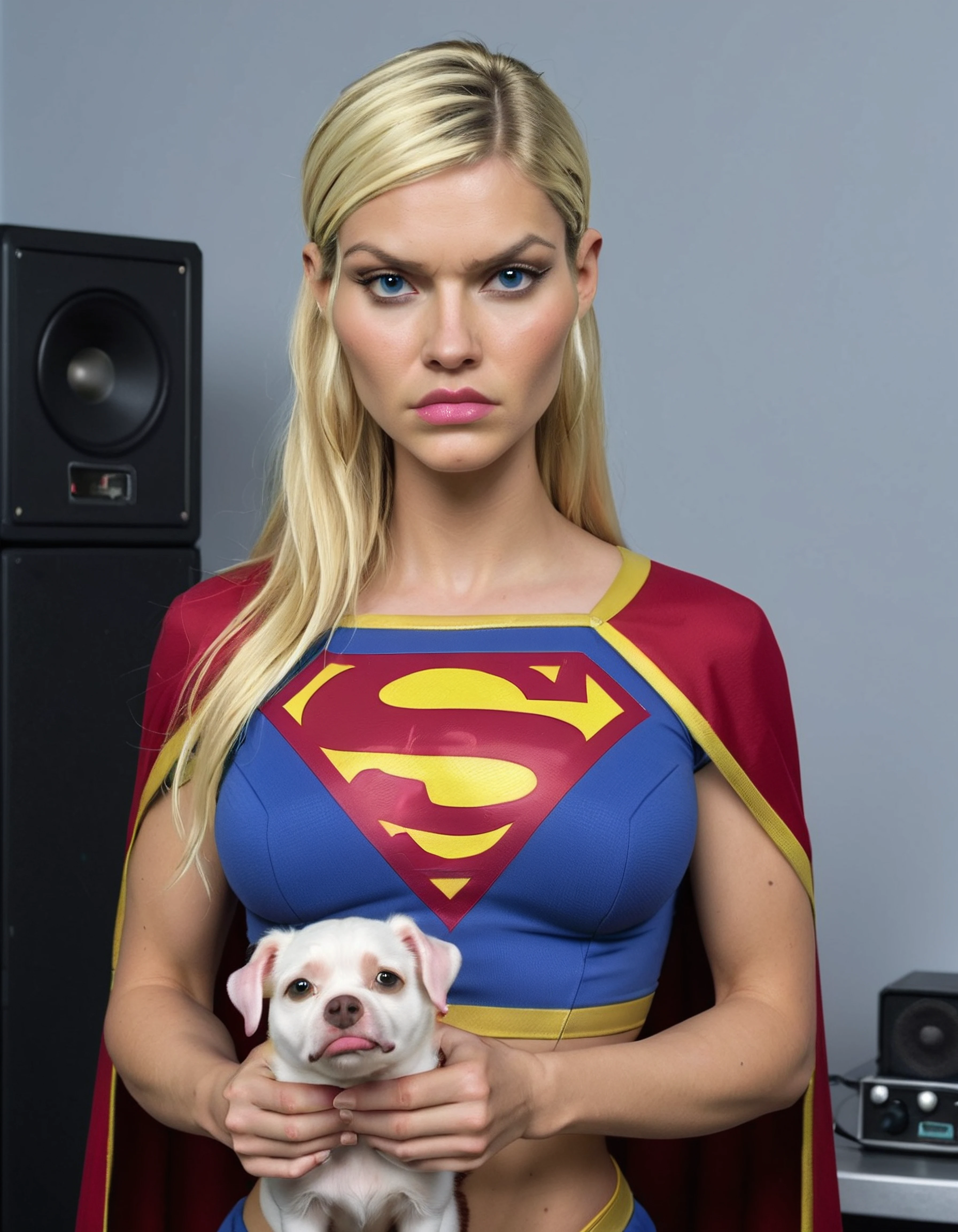 PHOTO, 1girl and 1 guinea pig, Kara Zor-El is dancing with a guinea pig, disco, blonde hair, blue eyes, toned skin, narrow waist, determined expression, midriff exposed, Supergirl suit, red cape, cute dog, posing, holding a puppy, 1 dog, puppy, smiling