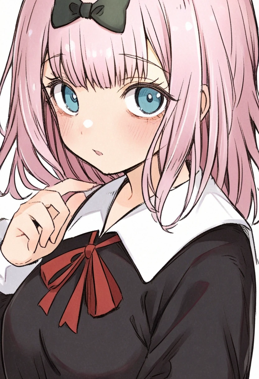watercolor, masterpiece, best quality, good quality, 1girl, solo, fujiwara chika, shuuchiin academy school uniform, neck ribbon, black bow <lora:deal360acv illustrious 006:1>