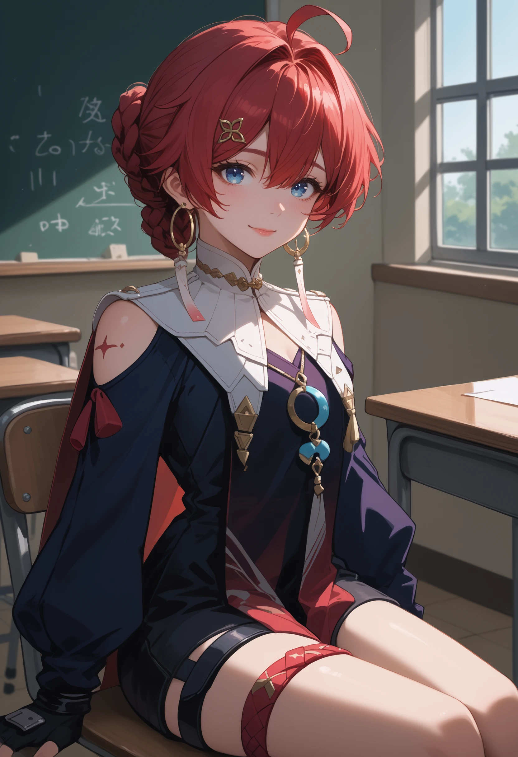 score_9,score_8_up,score_7_up,source_anime,<lora:IsekWutheringWavesDanjin:1>,isekwwdnj,red hair,short hair,blue eyes,ahoge,hair between eyes,hair intakes,hair bun,black gloves,hair ornament,clothing cutout,long sleeves,shoulder cutout,fingerless gloves,thigh strap,dress,hairclip,black shorts,earrings,jewelry,braid,sitting,chair,classroom,looking at viewer,light smile,