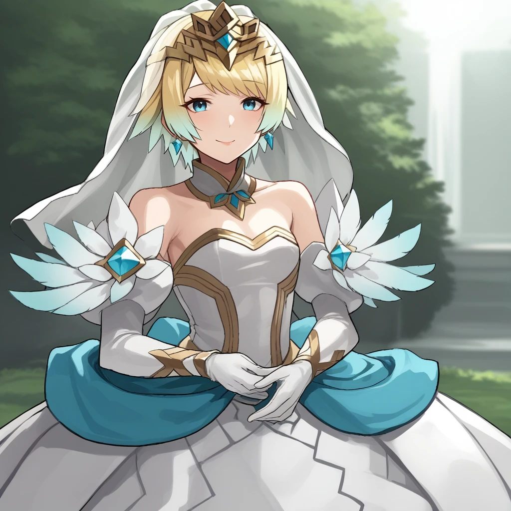 score_9, score_8_up, score_7_up, score_6_up, score_5_up, score_4_up, zPDXL2,source_anime,rating_questionable, 1girl, solo, smile, looking at viewer, outdoors, <lora:Fjorm_-_Fire_Emblem_Heroes:0.8>fjorm_FEH,gradient hair, multicolored hair, short hair, blonde hair, bangs, blue eyes, feather trim,  wedding dress, strapless dress, jewlery