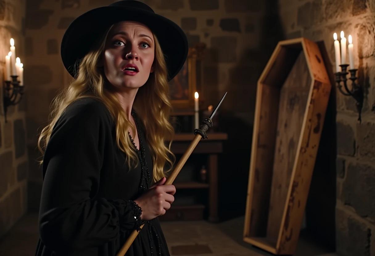 a medium-close photo of emilyzarka standing in a dark vampire crypt. Next to her, a large open empty old rotten wooden casket is leaning on the wall. She is wearing clothes from the 18th century and a black wide brim hat. She has a surprised and shocked expression on her face. She is holding a sharpened sharp wood picket in one hand. The crypt is lit by many old and dripping wax candles.