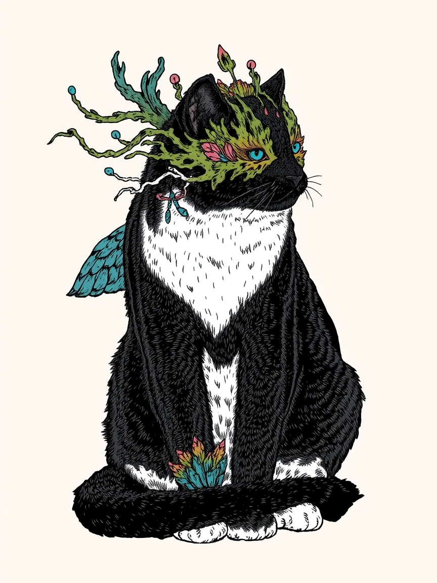 The image is a detailed, whimsical drawing in a digital medium, featuring a fantastical, hybrid creature that combines elements of a cat, bird, and mythical creature. The creature has a predominantly black fur coat with a white chest and paws. Its head is adorned with an elaborate, fantastical headdress featuring vibrant colors and textures, including green, blue, and pink feathers, as well as what appears to be a stylized, glowing, ethereal element. The creature's eyes are a striking blue, and it has a bird-like beak and wings, with the left wing being a detailed, intricately feathered appendage.