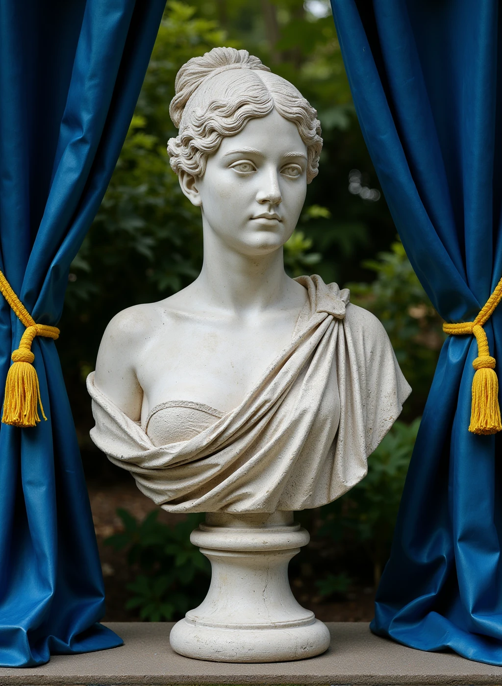 sculptur3 sculpture of a limestone with detailed texture head bust on a pedestal, the subject is a woman's shoulder and head her breasts are draped in a cloth, the scene is an intimate garden scene showcase with velvet blue curtains and yellow cords