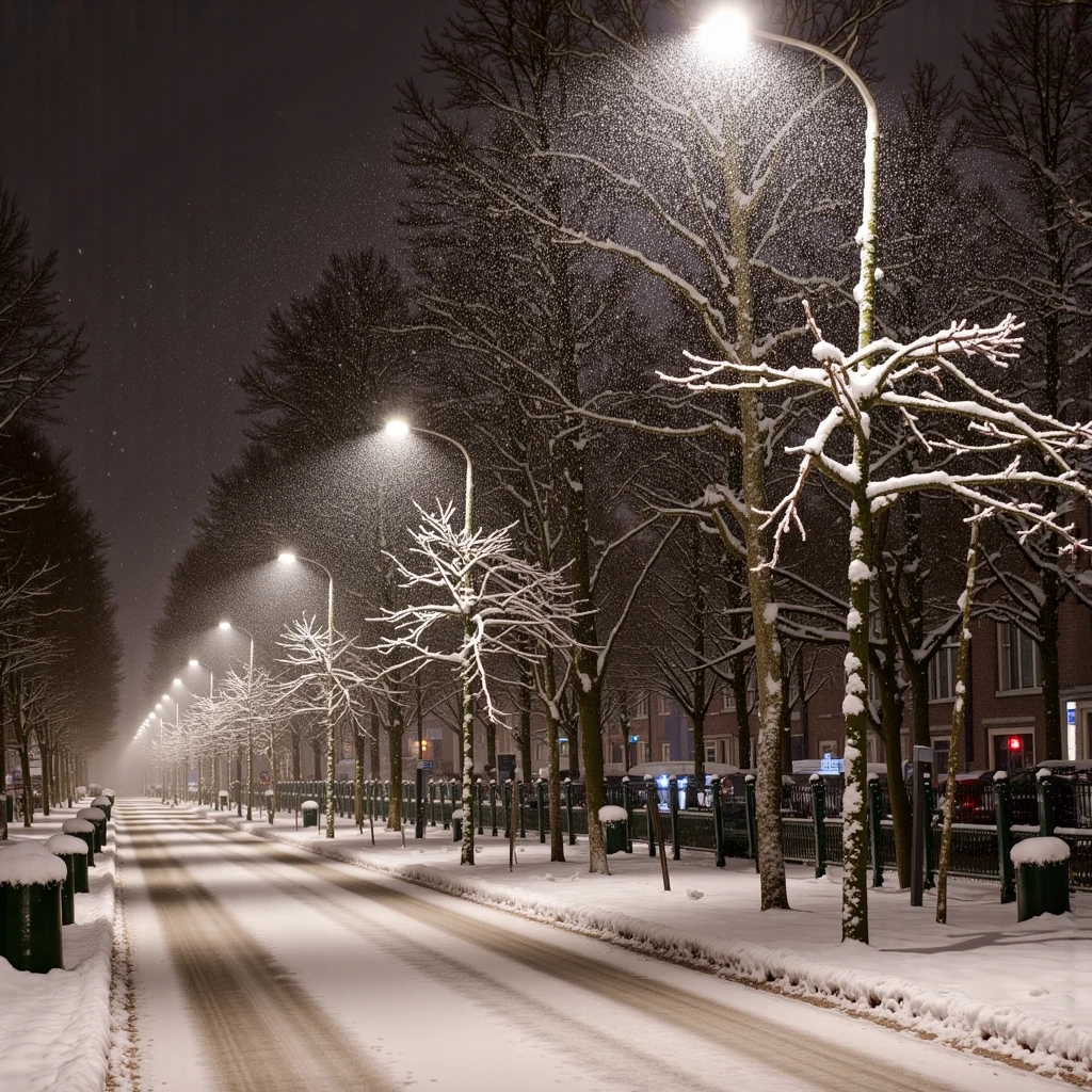 wintertime, A phone photograph of snow falling in rotterdam at night posted to Reddit in 2019.


