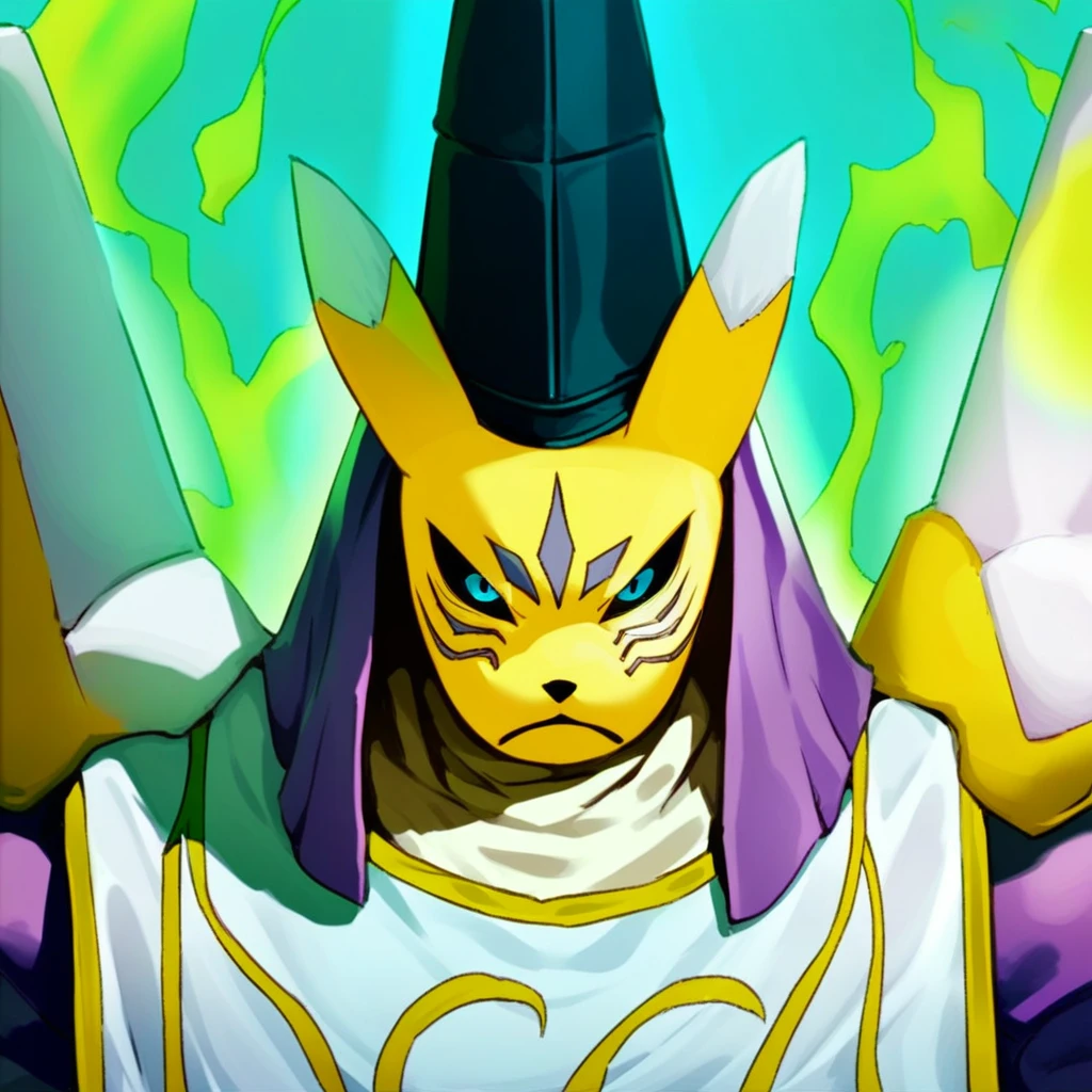 score_9, score_8_up, source_anime, flat color, taomon, furry, yellow fur, solo, 1boy, blue eyes, black sclera, serious, hat, tabard, shoulder armor, aura, glow, energy, face closeup, straight on