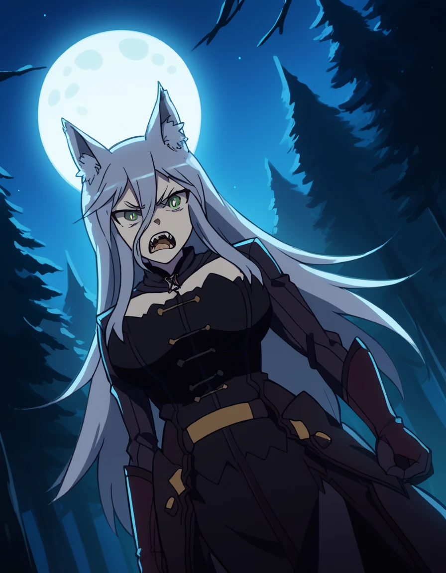 score_9, score_8_up, score_7_up, source_anime, <lora:sk-senko-s1-ponyxl-lora-nochekaiser:1>, senko, long hair, hair between eyes, green eyes, grey hair, large breasts,, <lora:werewolf-ponyxl-lora-nochekaiser:1>, werewolf, furry, fangs, animal ears, gloves, angry, teeth, animal ear fluff,, forest, night, moon, open mouth, , dutch angle, cowboy shot