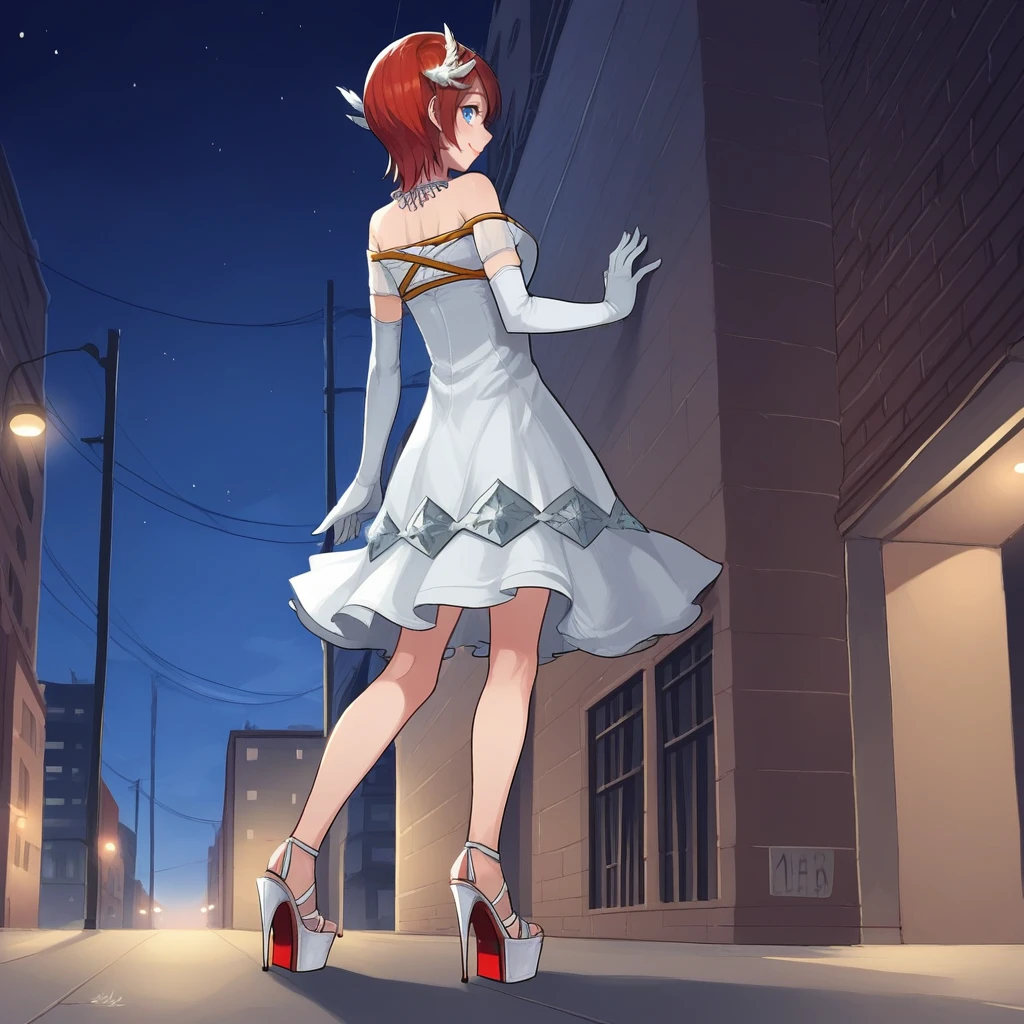 score_9, score_8_up, score_7_up, score_6_up, score_5_up, score_4_up, zPDXL2,source_anime,rating_questionable, 1girl, solo, cowboy shot, outdoors, urban, night, low angle, from behind, smile, <lora:Princess_Elise_-_Sonic_06:0.8> princesselise_s06,  short hair, red hair, blue eyes, white elbow gloves, hair ornament, white dress, bare shoulders, necklace, platform heels,