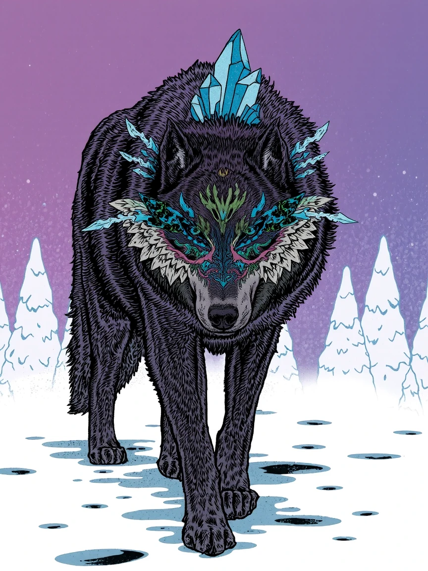 This is a vibrant, fantastical digital drawing of a wolf. The wolf is depicted in a stylized, almost surreal manner with a blend of realistic and fantastical elements. The wolf's fur is rendered in a gradient of purples and grays, giving it a mystical, ethereal appearance. Its eyes are a striking, glowing blue, and its body is adorned with intricate, glowing, crystal-like formations around its neck and face, adding a magical touch. The crystals are depicted in shades of black and white, contrasting sharply with the wolf's fur. walking in snow