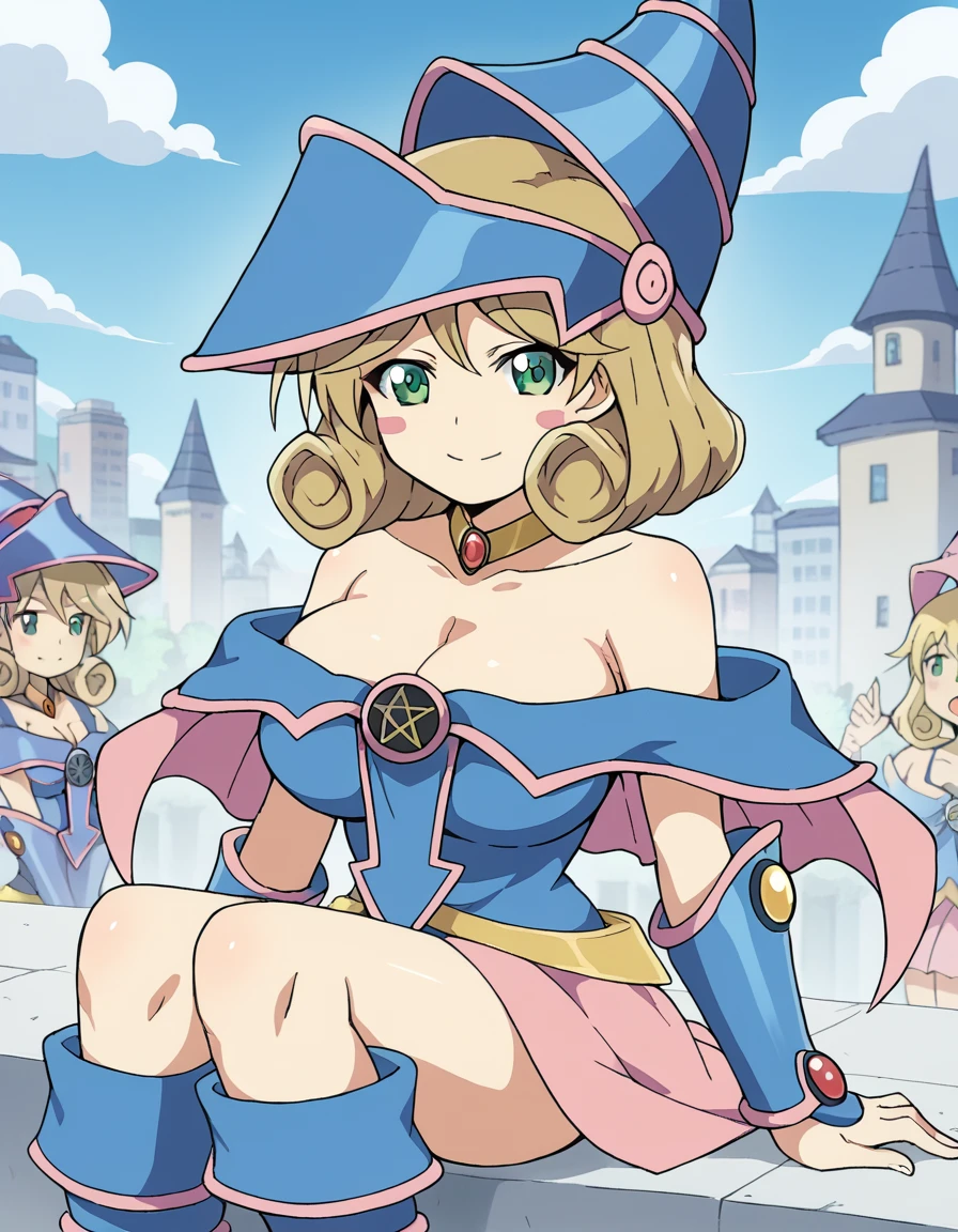 score_9, score_8_up, score_7_up, source_anime, <lora:sk-haruka-s1-ponyxl-lora-nochekaiser:1>, haruka, short hair, blonde hair, green eyes, hair bow, large breasts,, <lora:dark-magician-girl-cosplay-ponyxl-lora-nochekaiser:1>, dark magician girl cosplay, dark magician girl (cosplay), bare shoulders, blue footwear, blush, blush stickers, cleavage, collarbone, duel monster, hat, off shoulder, pentacle, wizard hat,, outdoors, cityscape, sitting, smile, blush, cowboy shot, looking at viewer, , dutch angle, cowboy shot