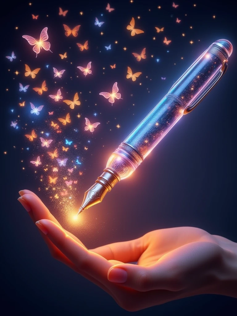 pen dreaming generating glowing butterflies,