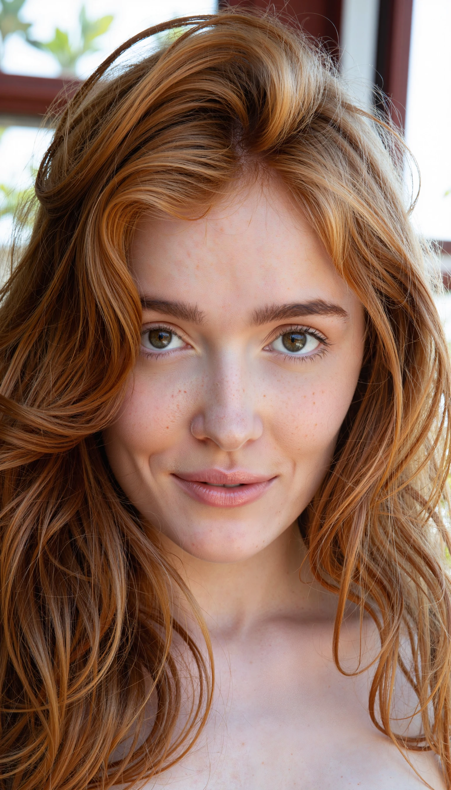 p3r5on woman with striking features. She has a fair complexion with a light dusting of freckles across her face, particularly prominent on her nose and cheeks. Her long, wavy, reddish-golden hair cascades around her shoulders, framing her face and giving her a relaxed, casual look. She has large, expressive brown eyes with long, dark eyelashes, and her lips are full and slightly parted, revealing a hint of a smile. Her eyebrows are naturally thick and well-defined, adding to her youthful and confident appearance.

She is wearing minimal makeup, with a natural look that accentuates her features without being overly done. Her skin appears smooth and radiant, suggesting good skin care.

The behind her is softly ,red, featuring a window with a view of greenery, possibly a garden or a park, indicating a bright, sunny day. The lighting is natural, coming from the window, which casts a warm glow on her face, highlighting her features and giving the image a serene, intimate feel. The overall mood of the photograph is calm and inviting, emphasizing the natural beauty and simplicity of the subject.