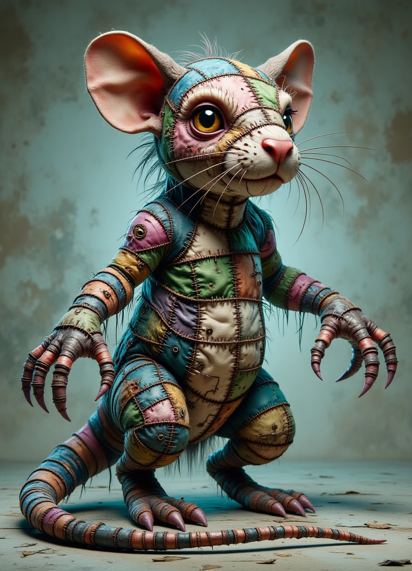 a mystical, sfw, patchwork creature with big, stealthy, harmonious, and distressed features, composed of a variety of textures and colors, resembling a rodent individual with an iridescent prehensile-tailed body, floppy ears, and intricate tentacle details.