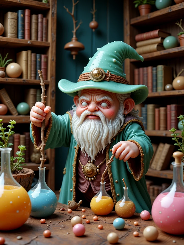 A squishy wizard, casting spells in his squishy spellcastikng room, decorated with colorful flasks, old books, wooden cabinets.

sqshyCE style