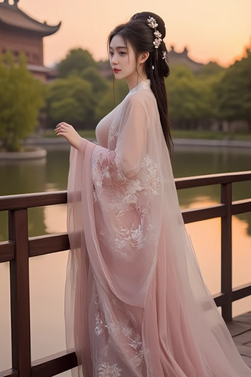 solo, 1girl, a young woman, a chinese female, straight neckline dudou, floral embroidery pattern wide sleeves, see through chiffon hanfu, see through chinese clothes, skinny, petite, moist eyes, hourglass figure, fair skin, hair ornament, hair flower, braided updo, long hair, forehead mark, facial mark, chinese palace, realistic, portrait, garden, waterside, willow, railings, gradient dress, gesture, sunset,<lora:TangfengNetidolFace_flux:1>