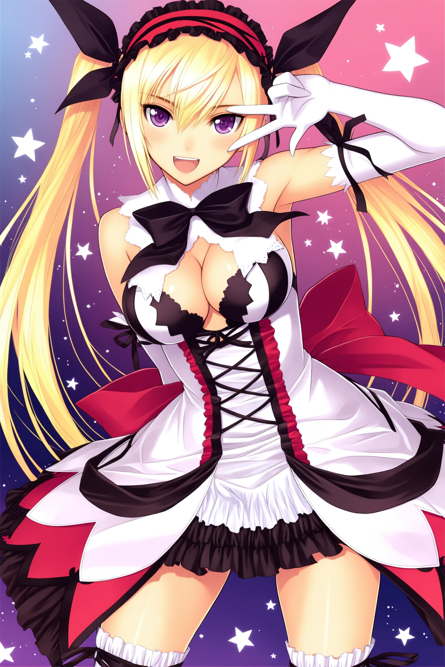 Mistral Nereis,1girl,solo,gloves,breasts,blonde hair,purple eyes,thighhighs,long hair,twintails,elbow gloves,cleavage,open mouth,smile,dress,white gloves,v over eye,hairband,cleavage cutout,looking at viewer,clothing cutout,medium breasts,bow,star \(symbol\),ribbon,very long hair,frills,
<lora:tony_illustriousXL:0.8>,