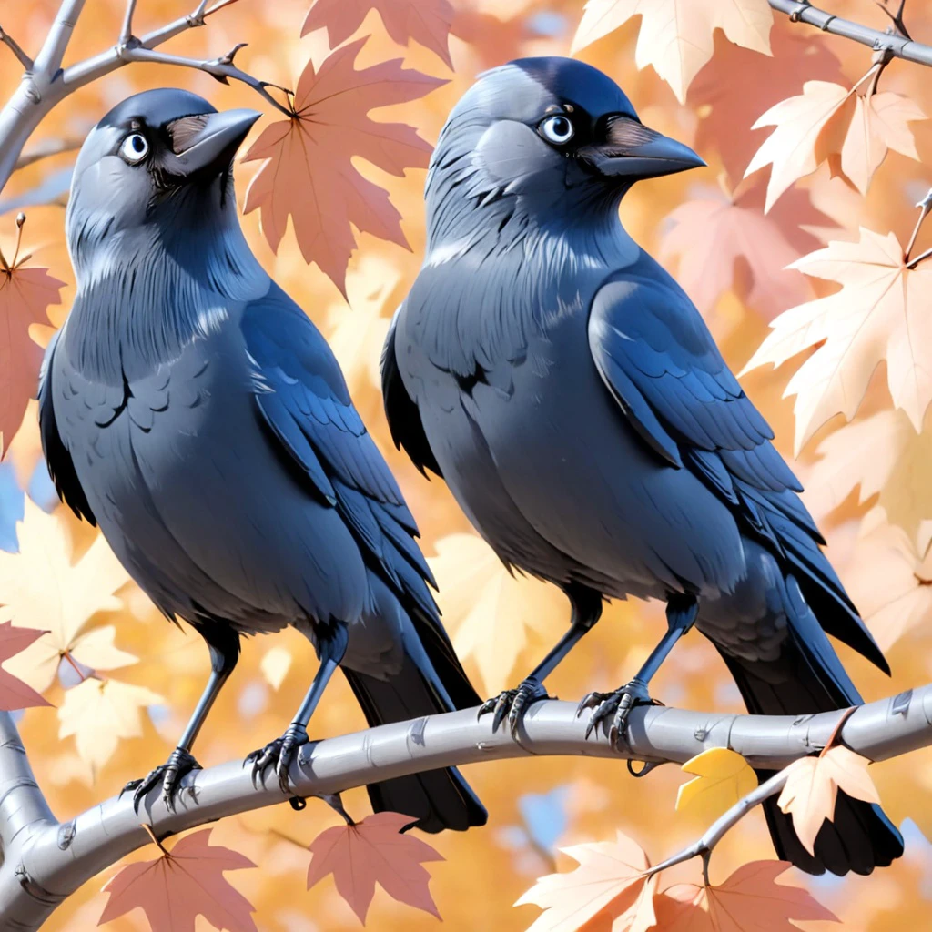 *BASE MODEL: ivisionIllustration_ivision10.safetensors, DISABLE STYLES FOR THIS BASE MODEL OR YOU'LL GET BAD RESULTS* jackdaw, corvid, bird, [animal focus], fullbody, no humans, 2 jackdaws, sitting on branch, maple, leaves, autumn, 3d, cartoon, cute, high resolution, high quality, detailed, masterpiece, hdr, sharp