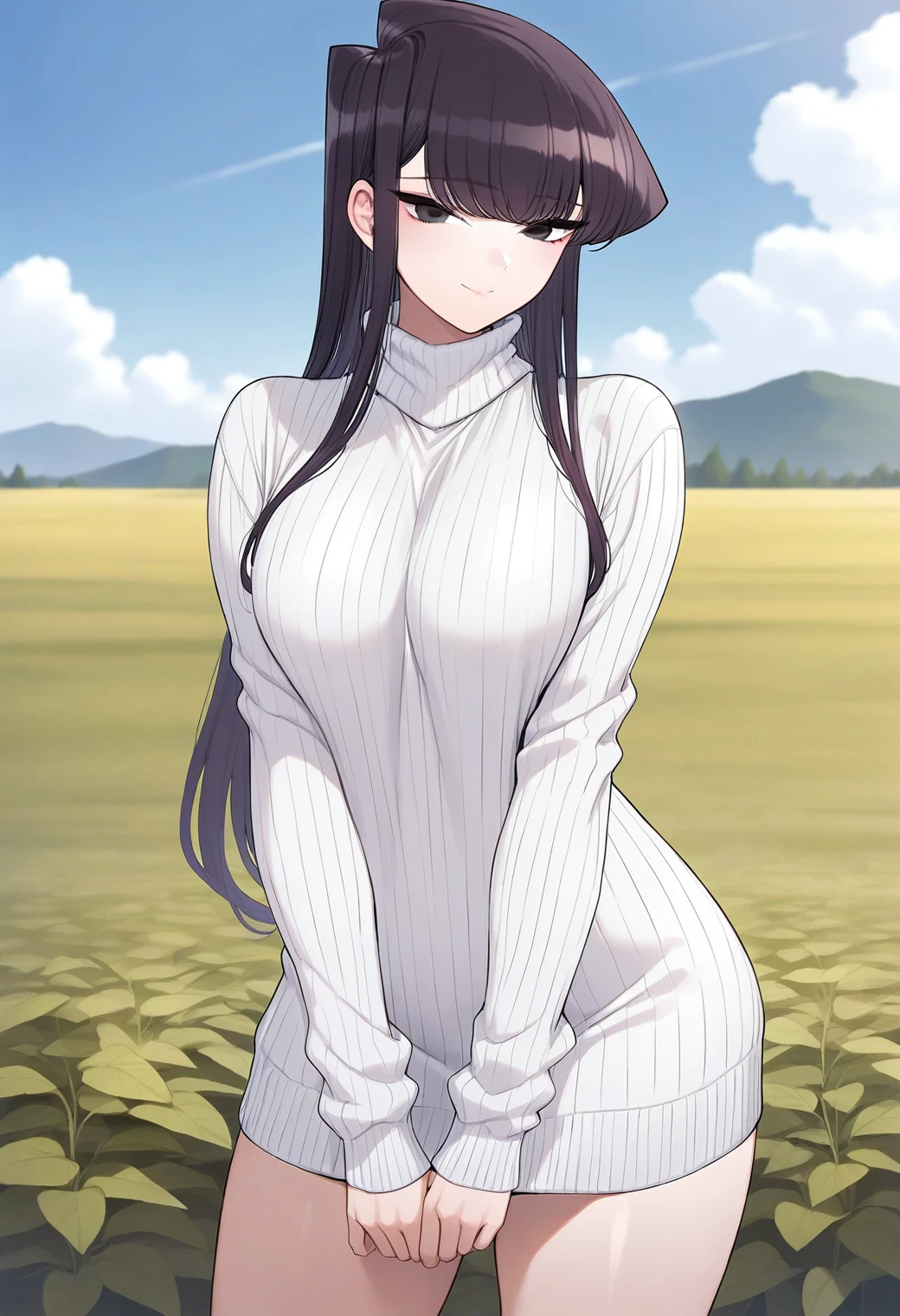 smile,  closed mouth, cowboy shot, 
komi_shouko, black eyes, black hair, long hair, sweater dress, ribbed sweater, white sweater, turtleneck, <lora:komi_shouko_illustrious_ver1:0.8>, masterpiece, best quality, sensitive,, 1girl, solo, (field:1.2), (blue sky:1.2),