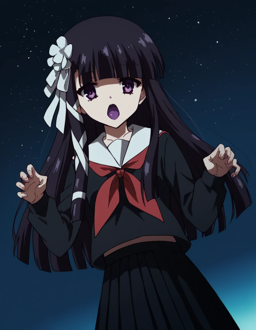 score_9, score_8_up, score_7_up, source_anime, <lora:momoko-suzuki-AA-ponyxl-lora-nochekaiser:1>, momoko suzuki, long hair, bangs, black hair, ribbon, purple eyes, hair ribbon, blunt bangs, hime cut, skirt, long sleeves, school uniform, pleated skirt, serafuku, black skirt, black serafuku, red neckerchief,, planetarium, stars, sky, seats, dome, , <lora:ghost-pose-ponyxl-lora-nochekaiser:1>, ghost pose, ghost, purple tongue, open mouth, looking up,, looking at viewer, solo,, dutch angle, cowboy shot