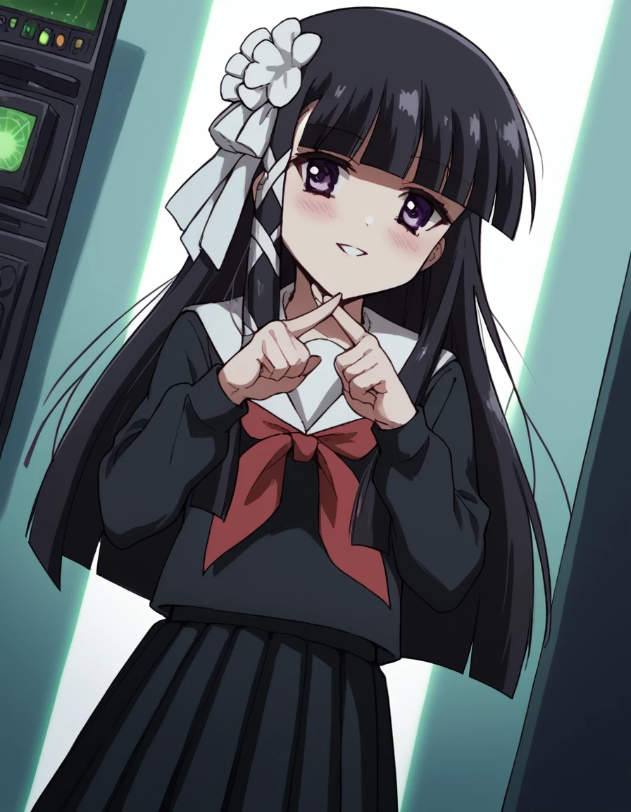 score_9, score_8_up, score_7_up, source_anime, <lora:momoko-suzuki-AA-ponyxl-lora-nochekaiser:1>, momoko suzuki, long hair, bangs, black hair, ribbon, purple eyes, hair ribbon, blunt bangs, hime cut, skirt, long sleeves, school uniform, pleated skirt, serafuku, black skirt, black serafuku, red neckerchief,, nuclear powerplant, radiation, cooling towers, danger, energy, smile, <lora:x-fingers-ponyxl-lora-nochekaiser:1>, x fingers, blush, parted lips,, looking at viewer, solo,, dutch angle, cowboy shot