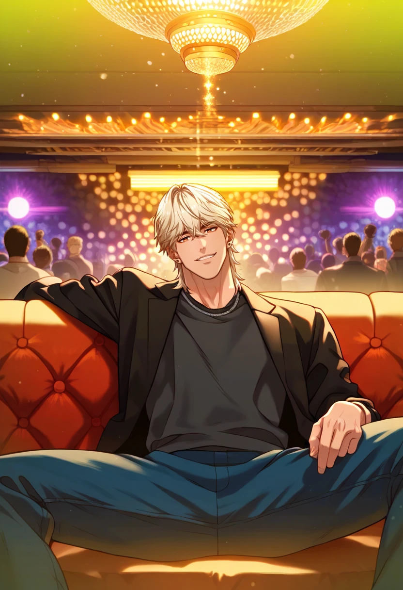 1boy, male focus, solo,
<lora:Character - Questism - JaehaHanPony-40:1> jaehahan, blonde hair, brown eyes, necklace, stud earrings,
,((zPDXL)), score_9_up, score_8_up, score_7_up, score_6_up, score_5_up, score_4_up, best quality, amazing quality, best aesthetic, amazing aesthetic, absurdres, year2023, uncensored, very nsfw, official art, official style, depth of field, detailed eye,
night, indoors, black shirt, jacket, ruins, smirk, couch, on couch, hands behind couch, nightclub, crowd, pants, (Nightclub:1.3), seductive smile, disco ball,
<lora:Style - Expressive_H-000001:1> expressiveh