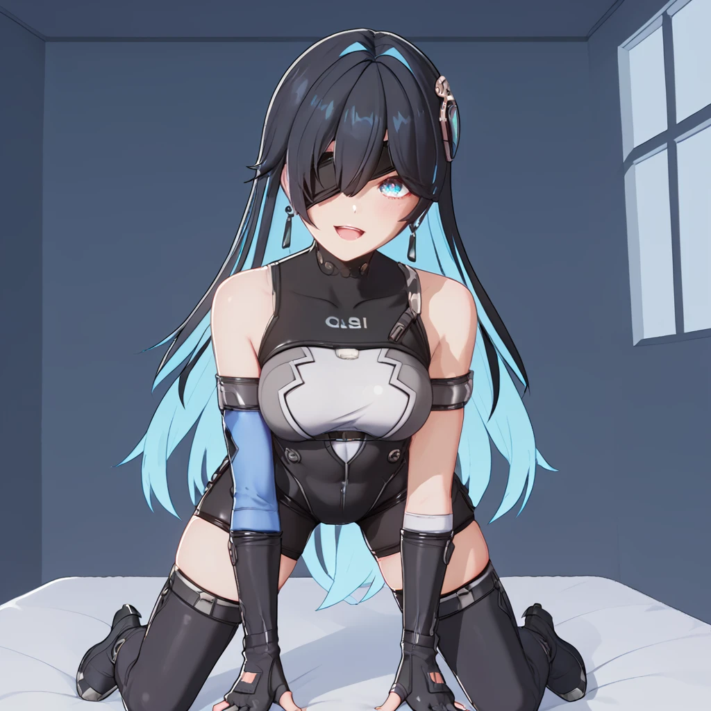 zPDXL3, 1girl, solo, xiva, black hair, blue eyes, eyepatch, long hair, gloves, blue hair, multicolored hair, fingerless gloves, breasts, two-tone hair, bodysuit, blue sleeve, asymmetrical clothing, hair ornament, thighhighs, asymmetrical legwear, black footwear, boots,
looking at viewer, facing viewer, open mouth, smile, head tilt, 
all fours, on bed, indoors, pov, 
score_9, score_8_up, score_7_up, masterpiece,
<lora:xiva:0.9>