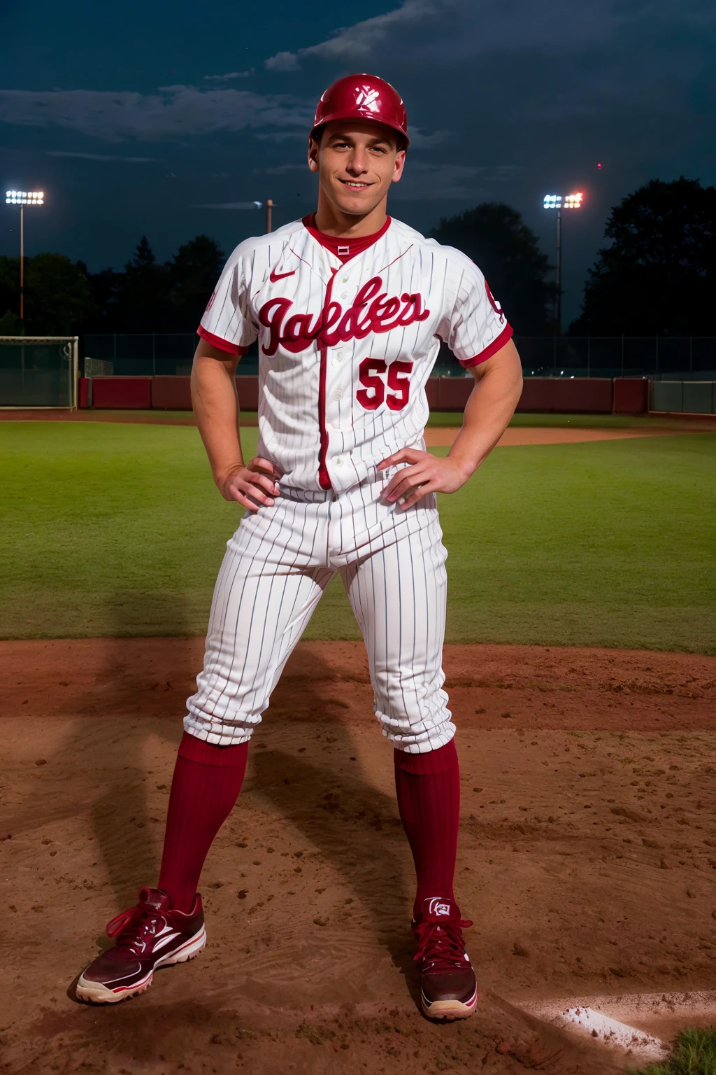 dusk, baseball field, outdoors, stadium lighting, standing at first base, DaltonRiley is a baseballplayer, smile, baseball uniform, (white jersey with dark red pinstripes:1.3), white pants with dark red pinstripes, (dark red socks), long socks, dark red helmet, (black sneakers), ((full body portrait)), wide angle  <lora:Clothing - Sexy Baseball Player:0.6> <lora:DaltonRiley:0.8>