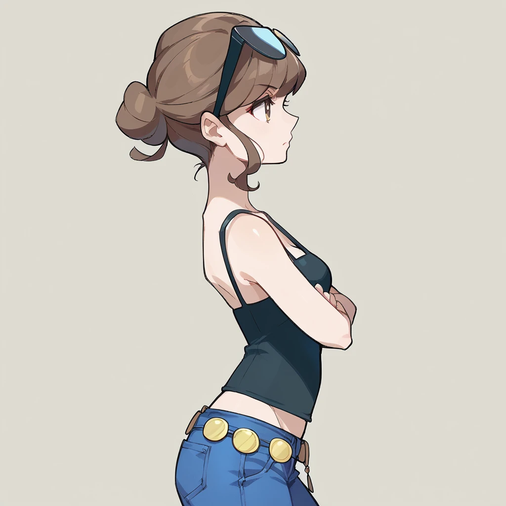 score_9, score_8_up, score_7_up,  <lora:XY_Beauty_epoch_10:1>, XY beauty, brown hair, updo, single bun hair, sidelocks, eyewear on head, sunglasses, spaghetti strap, denim, jeans, medallion belt, solo, from side, arms crossed